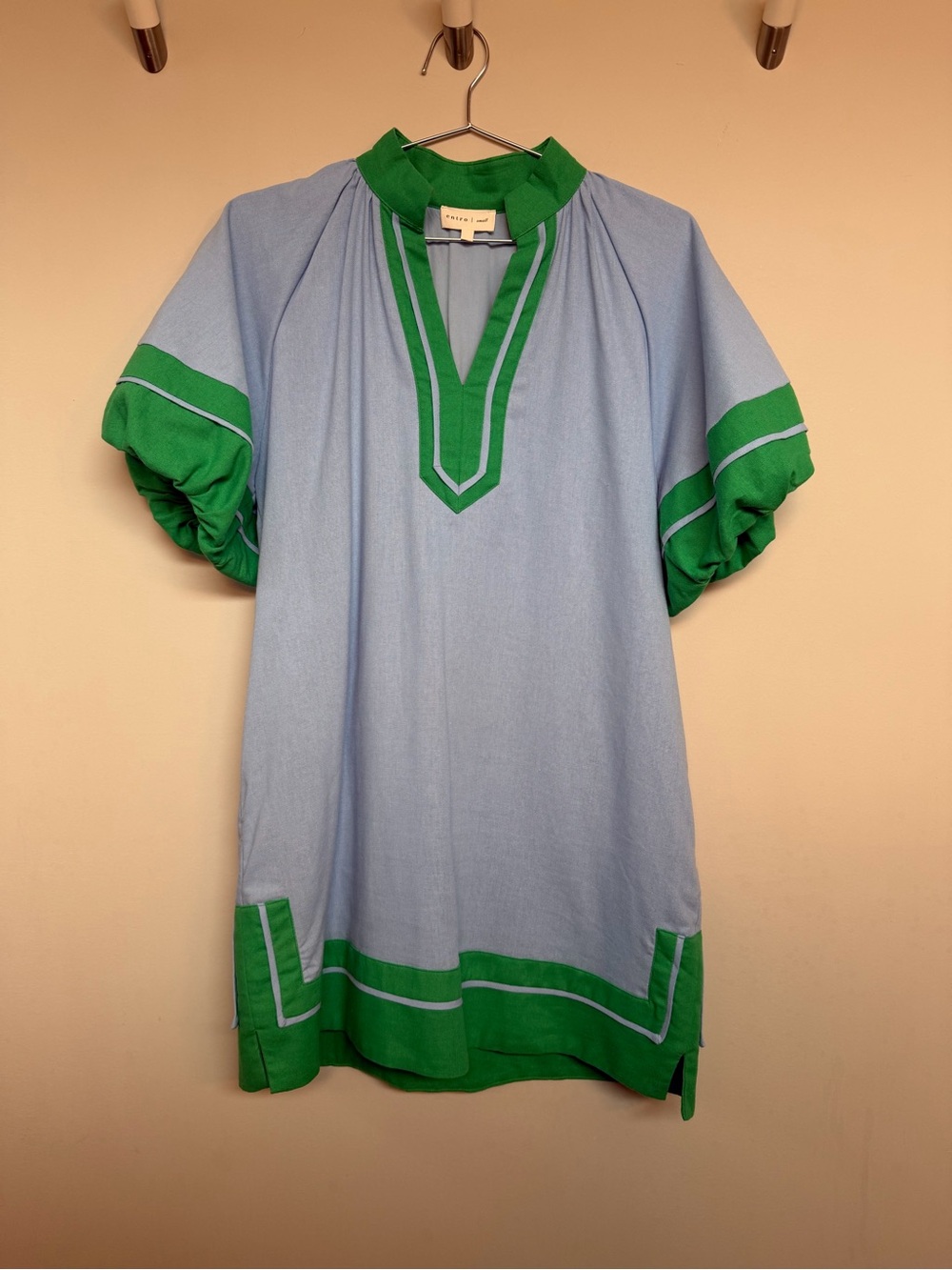 Light Blue Mini Dress with Green Trim Size S